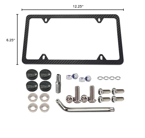 Carbon Fiber License Plate Frame - 100% Real Carbon Fiber Overlays Stainless Steel License Plate Frames | Stainless Steel Anti-Theft License Plate Screws | 1PC Black Gloss Plate Frame