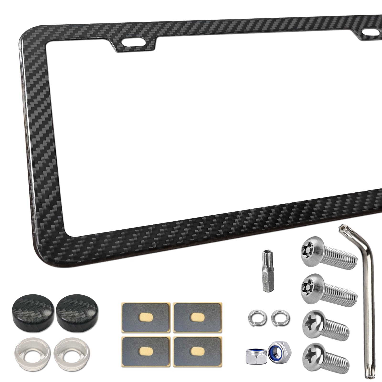 Carbon Fiber License Plate Frame - 100% Real Carbon Fiber Overlays Stainless Steel License Plate Frames | Stainless Steel Anti-Theft License Plate Screws | 1PC Black Gloss Plate Frame