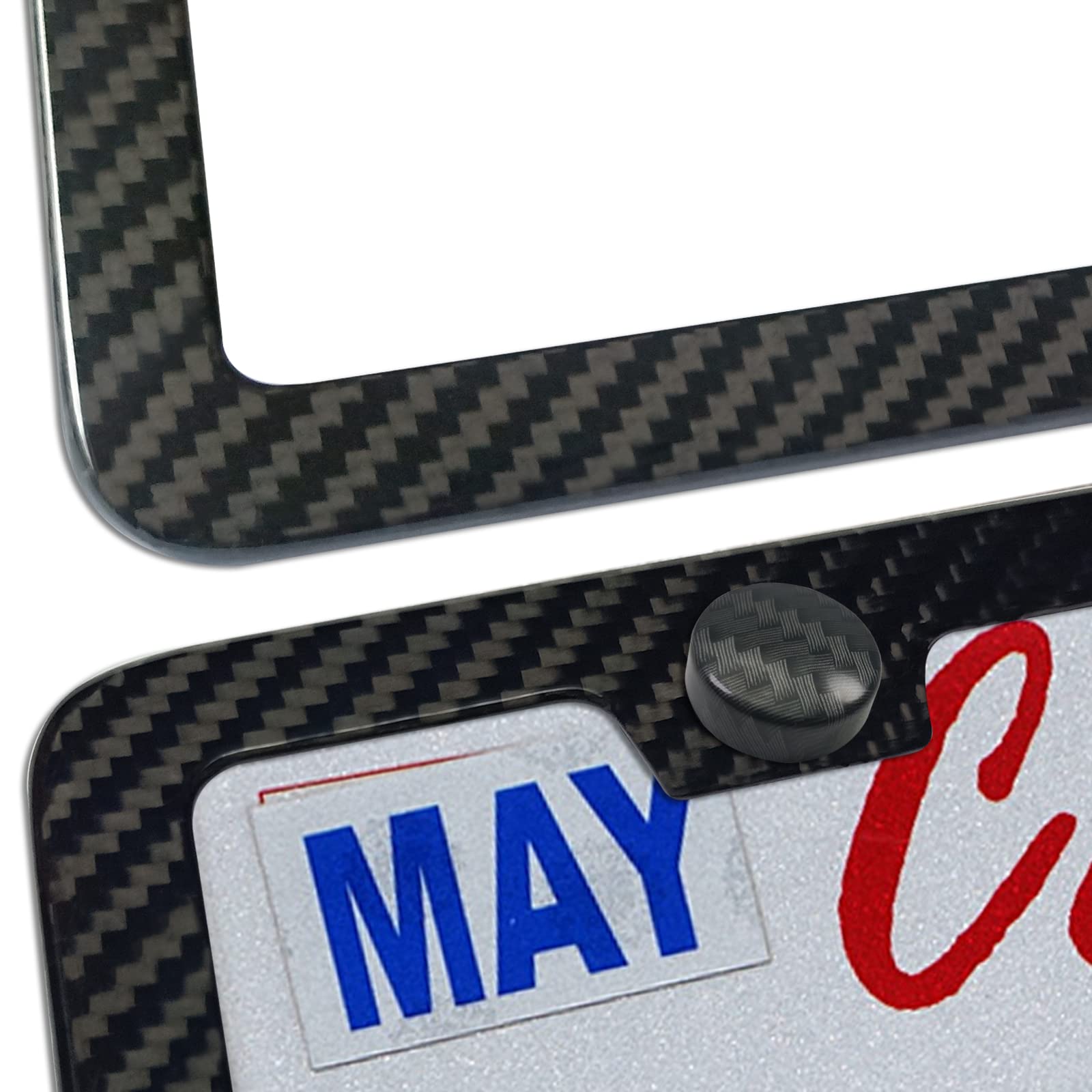 Carbon Fiber License Plate Frame - 100% Real Carbon Fiber Overlays Stainless Steel License Plate Frames | Stainless Steel Anti-Theft License Plate Screws | 1PC Black Gloss Plate Frame
