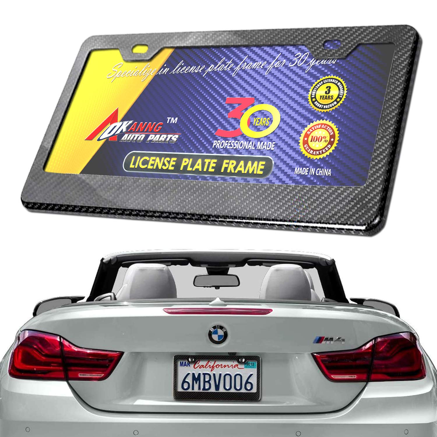 Carbon Fiber License Plate Frame - 100% Real Carbon Fiber Overlays Stainless Steel License Plate Frames | Stainless Steel Anti-Theft License Plate Screws | 1PC Black Gloss Plate Frame