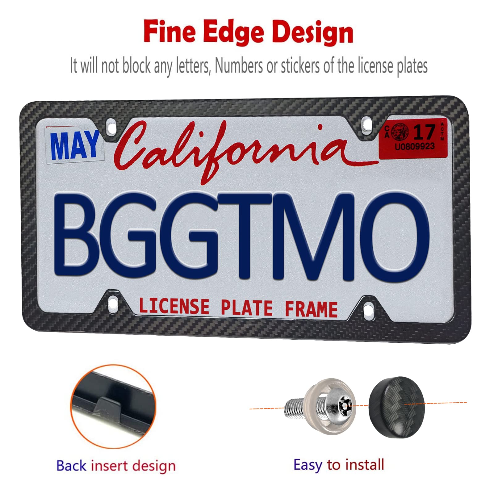 Carbon Fiber License Plate Frame - 100% Real Carbon Fiber Overlays Stainless Steel License Plate Frames | Stainless Steel Anti-Theft License Plate Screws | 1PC Black Gloss Plate Frame