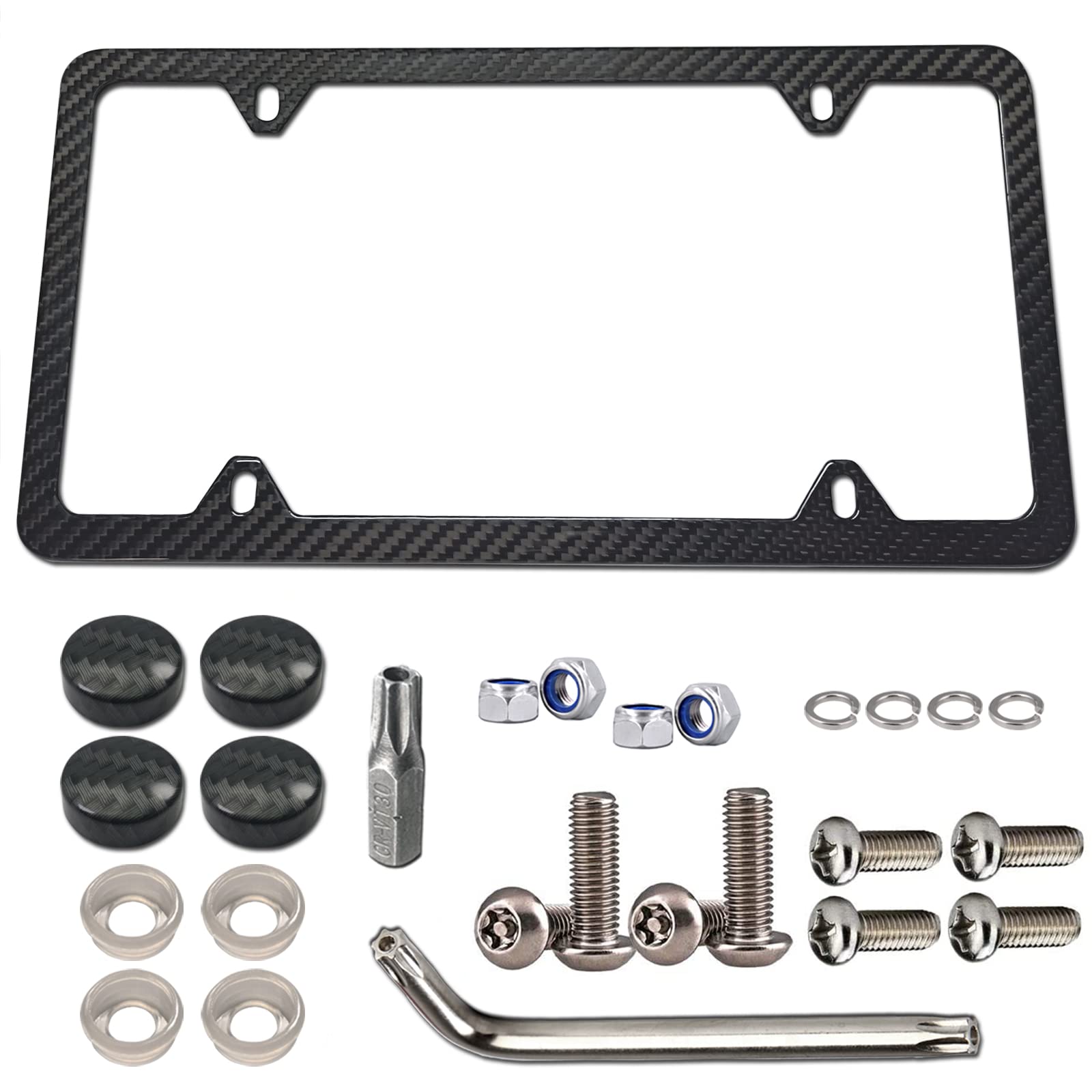 Carbon Fiber License Plate Frame - 100% Real Carbon Fiber Overlays Stainless Steel License Plate Frames | Stainless Steel Anti-Theft License Plate Screws | 1PC Black Gloss Plate Frame