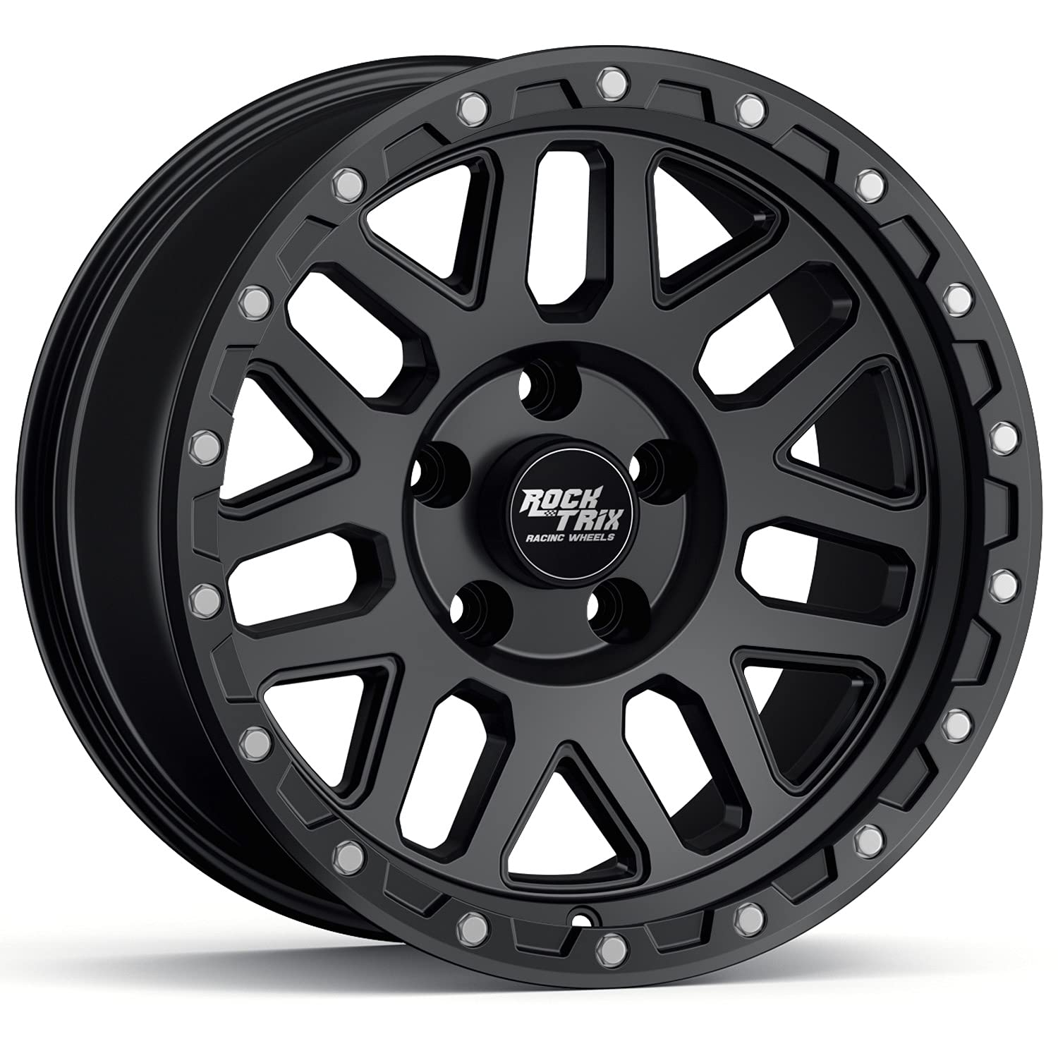 RockTrix RT110 18 inch Wheel Compatible with Jeep Wrangler JK JL 18x9 5x5 Wheels (-12mm Offset, 4.5in Backspace) 5x5 PCD, 71.5mm Bore, Black Wheels, Also fits Gladiator JT Rims