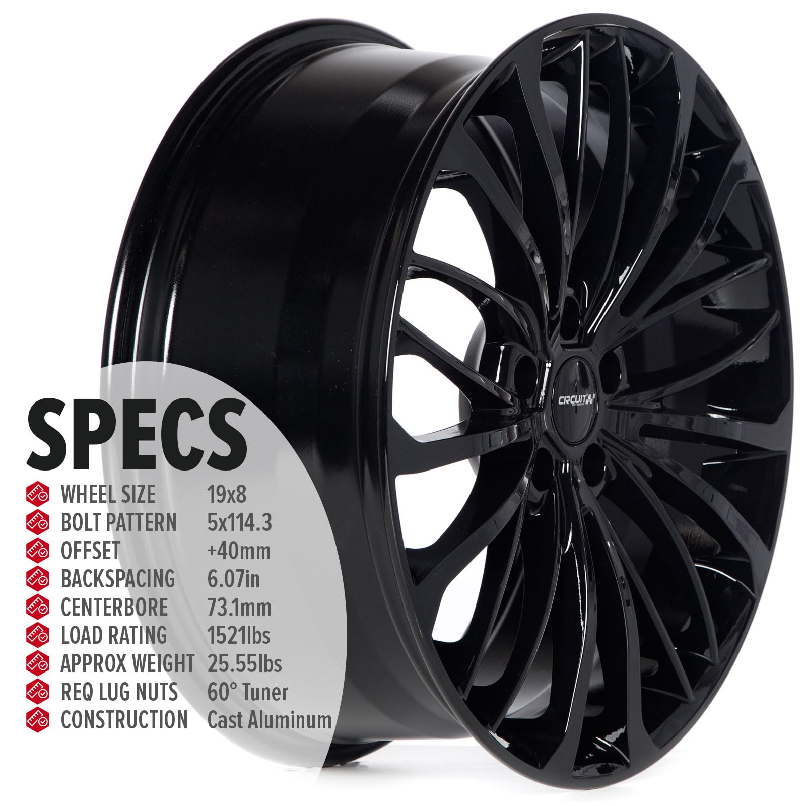 Circuit Performance CP36 19x8 Wheel Gloss Black 5x114.3 Bolt Pattern, 19 Inch, 40mm Offset, 73.1mm Compatible with Honda Accord, Civic, CRV, Nissan Altima, Toyota Camry etc