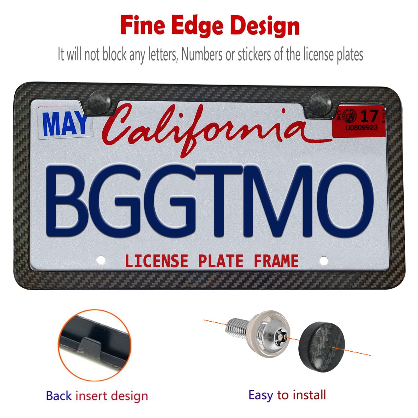 Carbon Fiber License Plate Frame - 100% Real Carbon Fiber Overlays Stainless Steel License Plate Frames | Stainless Steel Anti-Theft License Plate Screws | 1PC Black Gloss Plate Frame