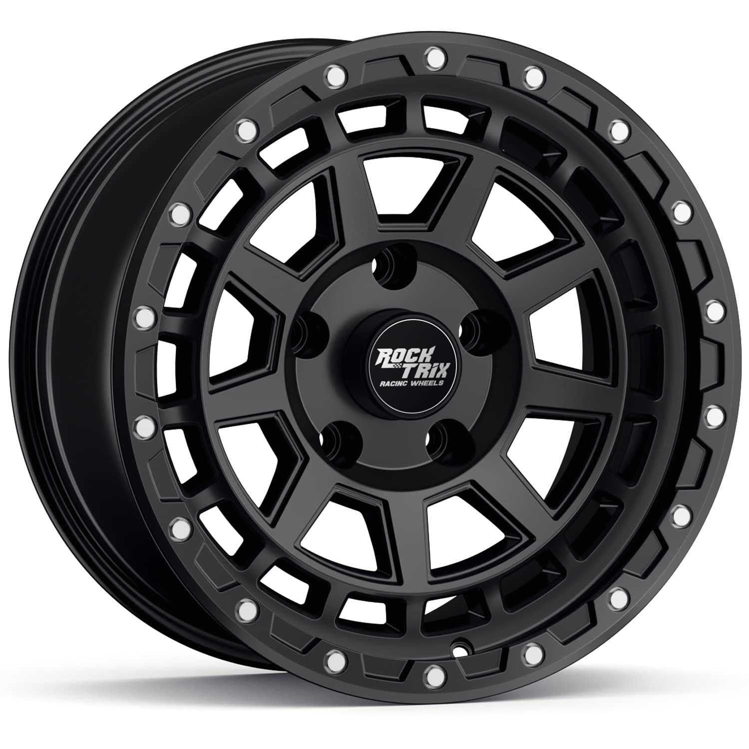 RockTrix RT114 18 inch Wheel Compatible with Jeep Wrangler JK JL 18x9 5x5 Wheels (-12mm Offset, 4.5in Backspace) 5x5 PCD, 71.5mm Bore, Black Wheels, Also fits Gladiator JT Rims