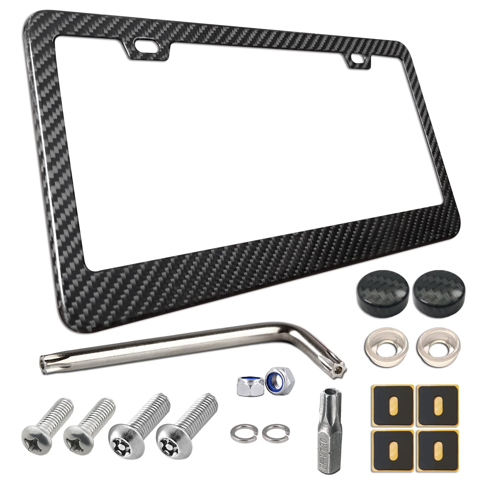 Carbon Fiber License Plate Frame - 100% Real Carbon Fiber Overlays Stainless Steel License Plate Frames | Stainless Steel Anti-Theft License Plate Screws | 1PC Black Gloss Plate Frame