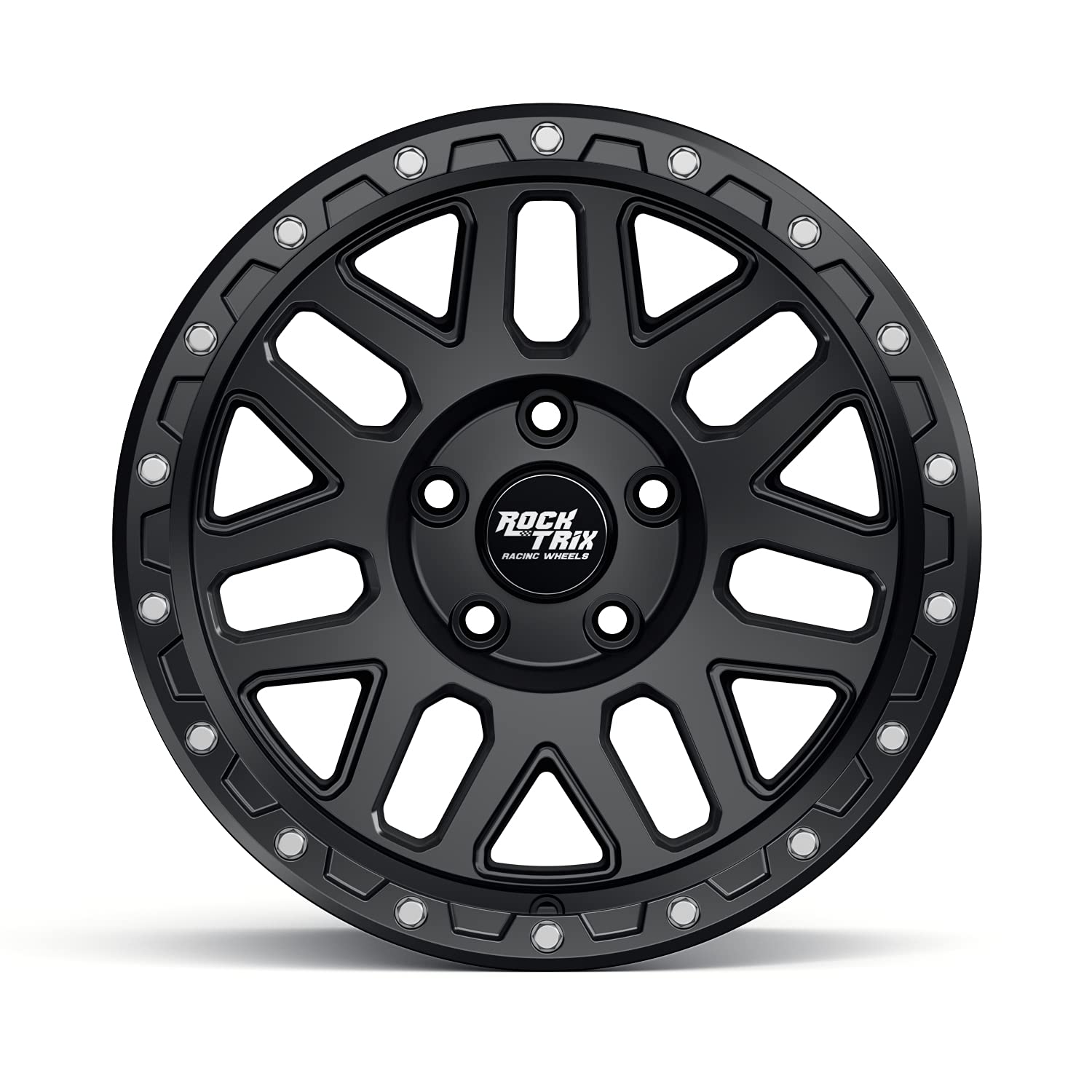 RockTrix RT110 18 inch Wheel Compatible with Jeep Wrangler JK JL 18x9 5x5 Wheels (-12mm Offset, 4.5in Backspace) 5x5 PCD, 71.5mm Bore, Black Wheels, Also fits Gladiator JT Rims